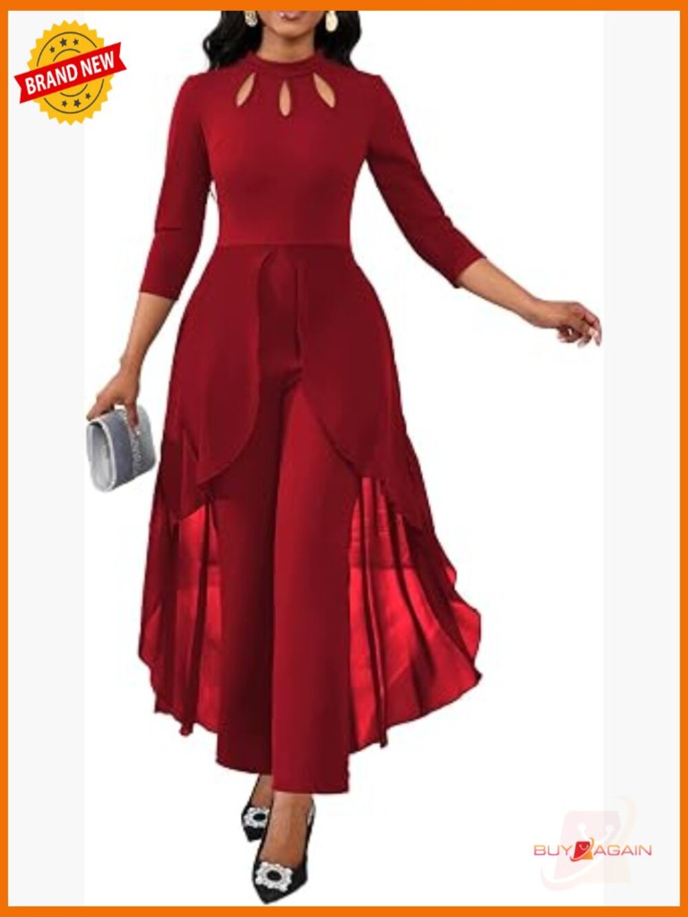 Sexy Long Sleeve Mock Neck Jumpsuit with Flowy Overlay for Evening Party